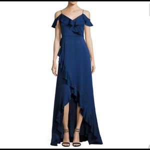 Aidan Mattox Blue Off-Shoulder Ruffled Sheath Gown